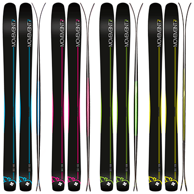 Movement GO 100/106/109 et 100W : Free Ride/Big Mountain, 4 paires de skis noirs avec une touche de couleur. Bleu, rose, vert-pomme ou jaune selon le modèle.