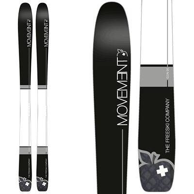 Movement Icon 89 et 95 All MOUNTAIN. Skis au design élégant, équilibre de noir et blanc avec une touche de gris.