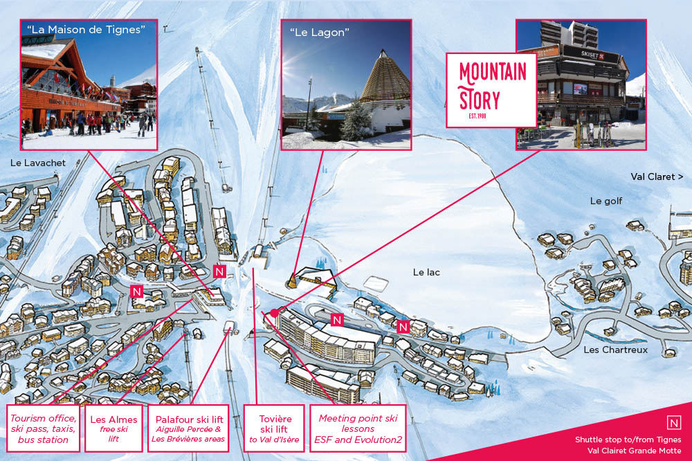 Map of Tignes le Lac identifying Mountain Story and other centers of interest